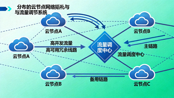 高并发高可用分布式云节点网络拓扑与流量调度系统示意图