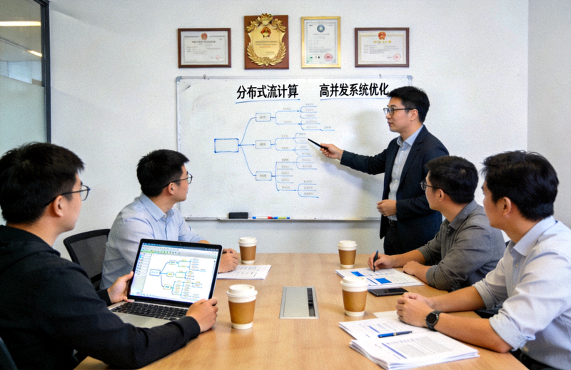 开云技术研发与数据架构师团队正在会议室讨论分布式流计算与高并发系统优化
