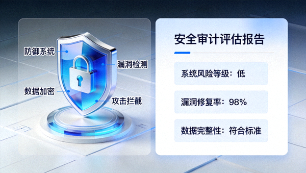 网络安全防御盾牌图示与安全审计评估报告