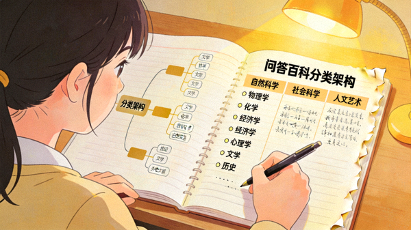 学习者在笔记本上做系统性笔记体现问答百科分类架构