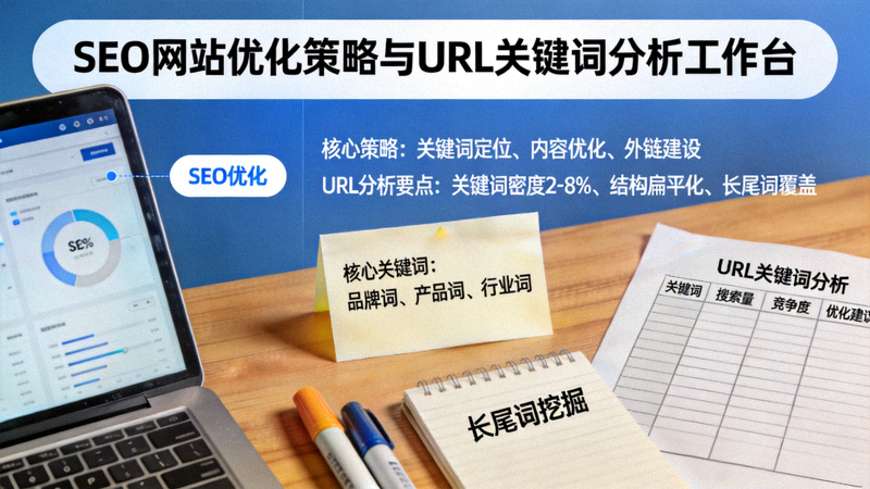 展示SEO网站优化策略与URL关键词分析的工作台示意图