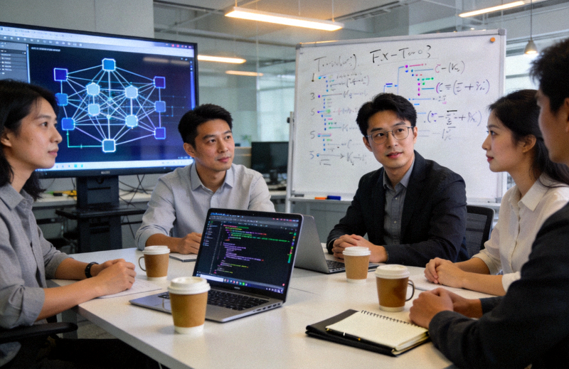 企业团队在现代研发中心研讨技术架构与数据算法